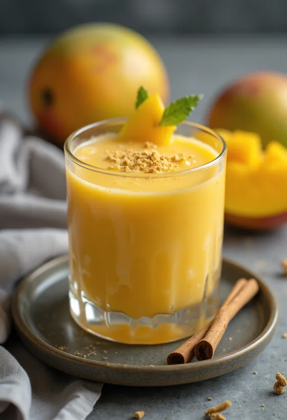 Vaso de mango lassi fresco, decorado con cilantro