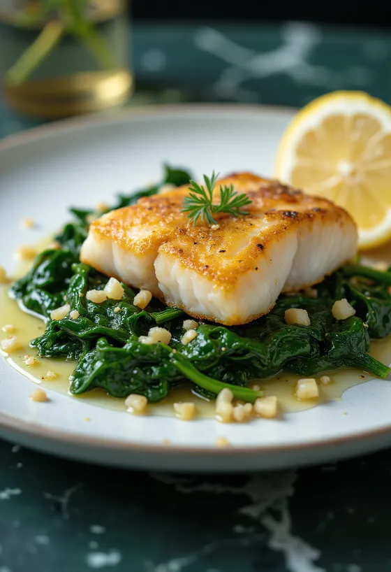Pescado a la plancha con espinacas al ajo servido