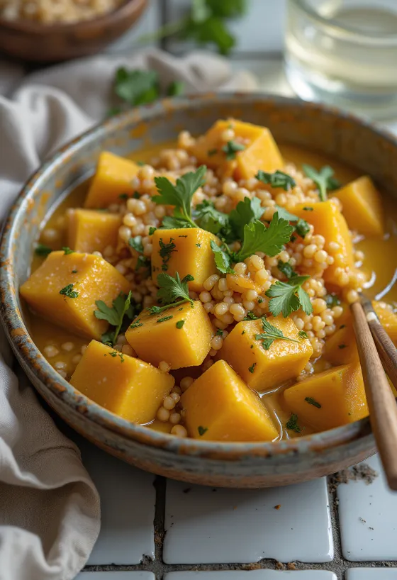 Bowl de calabaza y quinoa con tofu al curry servido con tahini