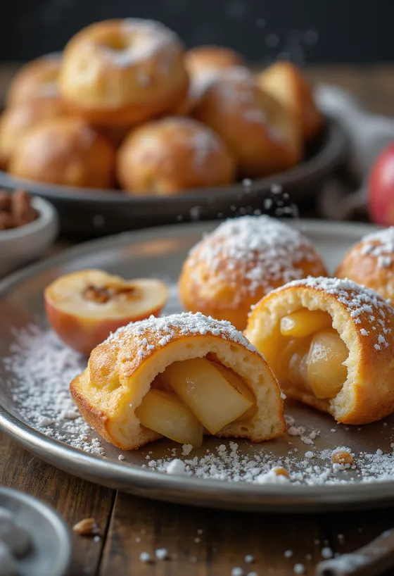 Æbleskiver relleno de manzana y canela, doraditos y espolvoreados con azúcar glass