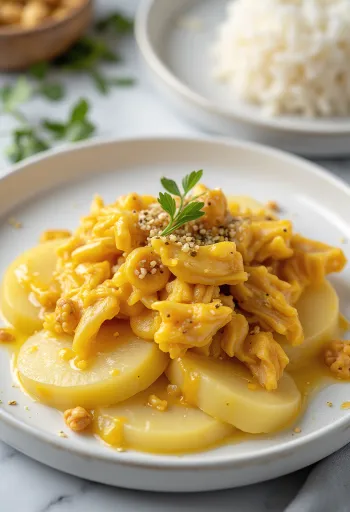 Ají de gallina sin huevo, pollo en salsa amarilla cremosa, servido con arroz y papa