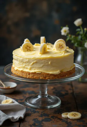 Pastel de crema de plátano decorado con rebanadas de plátano