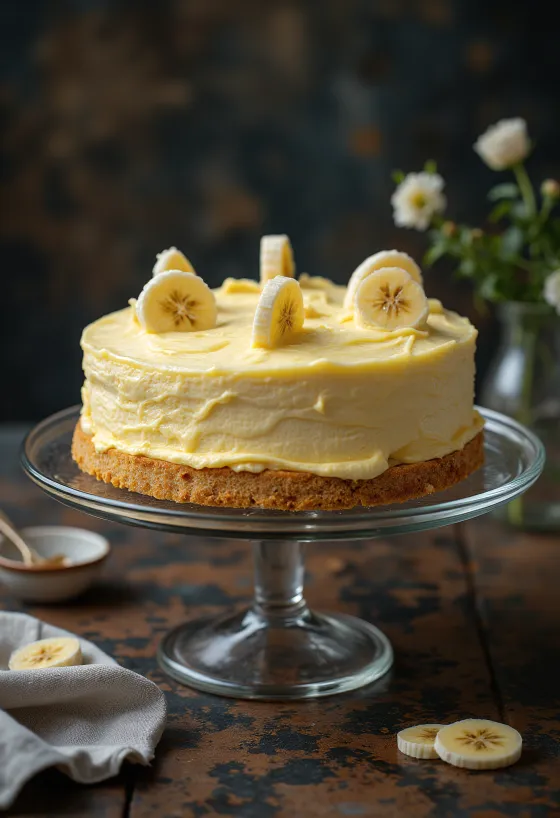 Pastel de crema de plátano decorado con rebanadas de plátano