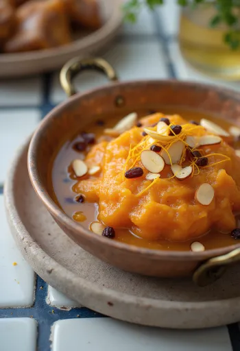 Gajar ka halwa con azafrán, servido con almendras y pasas
