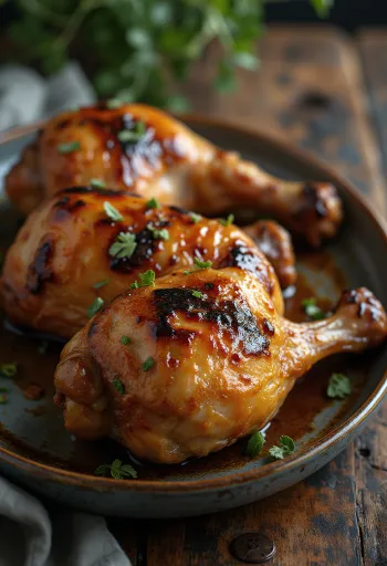 Piernas de pavo a la parrilla servidas con hierbas frescas y verduras asadas.