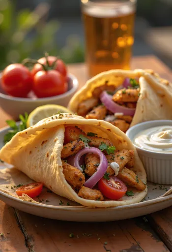 Carne de gyros recién asada en pan pita, servida con verduras y aderezo de yogur.