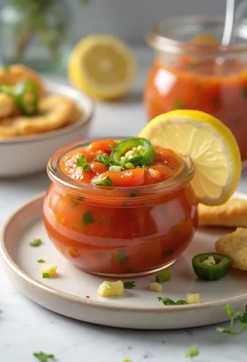 Salsa roja de tomate con jalapeño y limón en frasco, servida con parrillada
