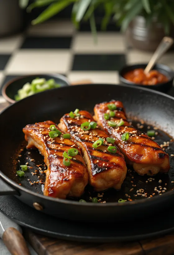 Kimchi's Galbi, rebanadas de carne de res asada, decoradas con cebollín y ajonjolí