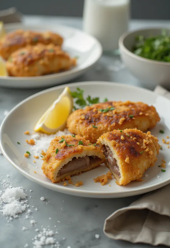 Hígado de cerdo empanizado y crujiente, dorado, servido con ensalada fresca.
