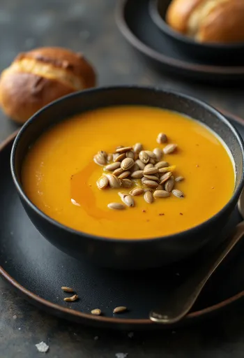 Crema de calabaza, servida con semillas tostadas y aceite de oliva fresco