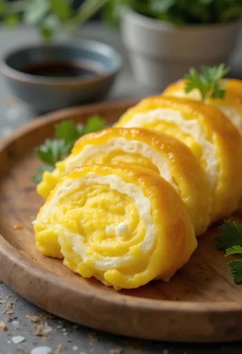 Rebanadas de Dashimaki tamago, servidas con salsa de soya y mirin