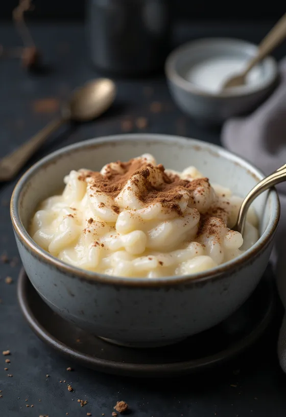 Cremoso arroz con leche servido con canela y frutas frescas