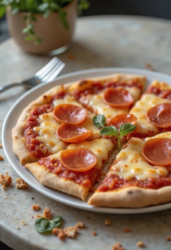 Pizza de pepperoni vegano con queso vegetal y embutido