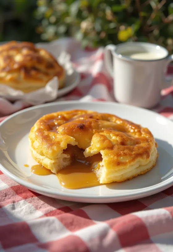 Æbleskiver relleno de crema de caramelo, dorado y con azúcar glass