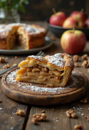 Pay de manzana y nuez cortado en rebanadas servido