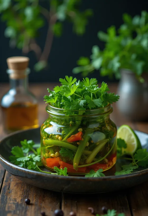Cilantro encurtido picante servido en frasco