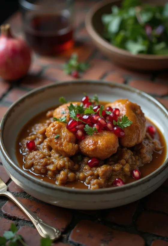 Fesenjoon con pollo servido, granos de granada y arroz de guarnición