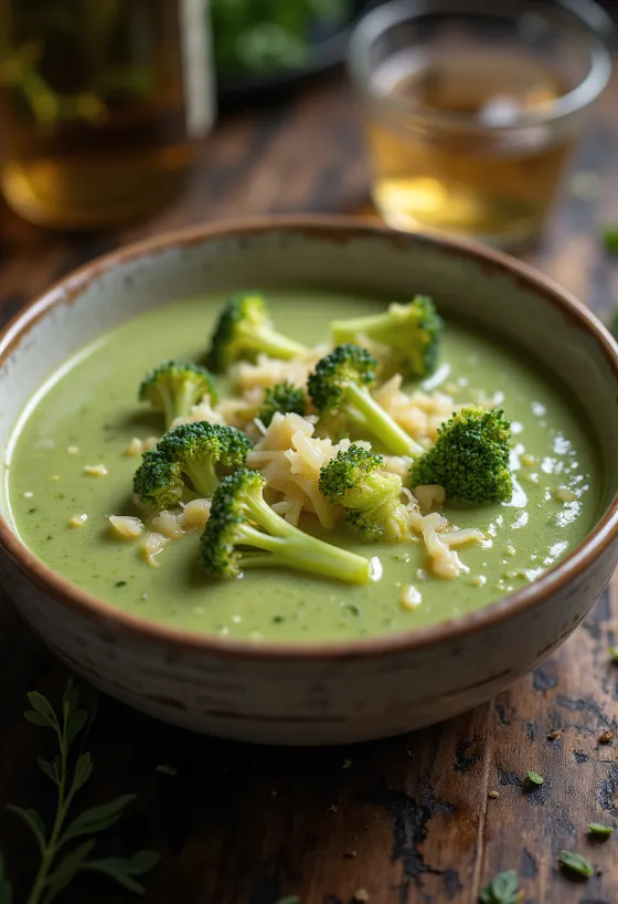 Crema de brócoli con queso ahumado servida