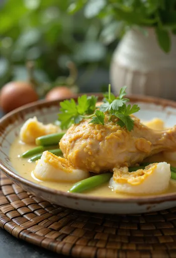 Lontong opor con pollo, servido con ejotes y pasteles de arroz