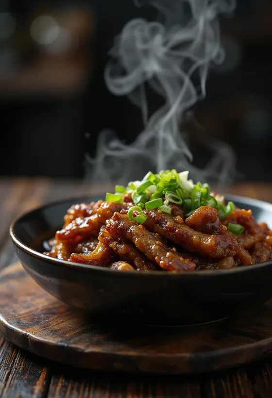 Res mongoliana en salsa de soya, servida con cebollín