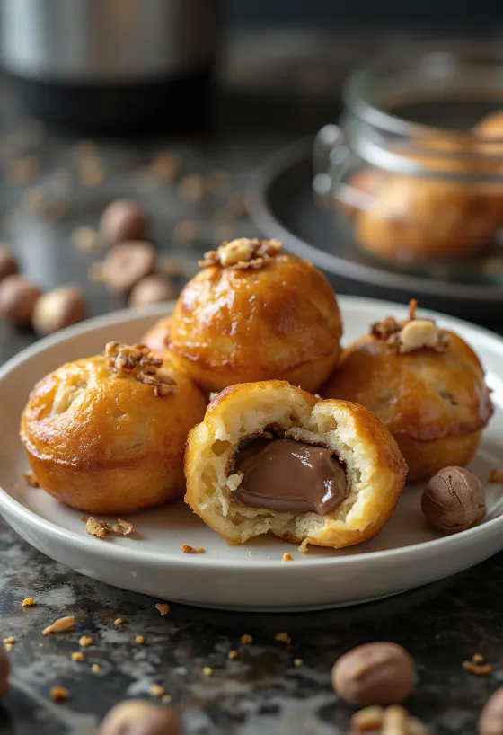 Æbleskiver relleno de Nutella dorado, espolvoreado con azúcar glass