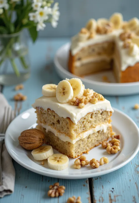 Pastel cremoso de plátano y nuez decorado con rodajas de plátano y nuez