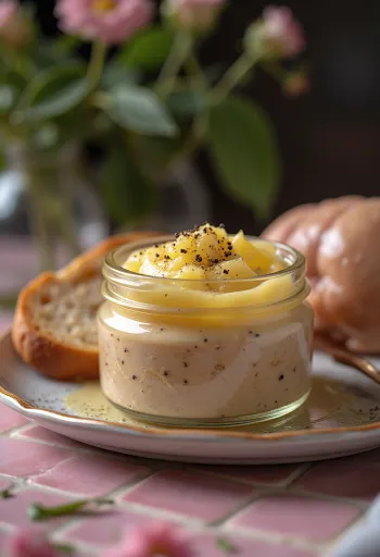 Paté de hígado de pollo con textura cremosa, servido con hierbas frescas y pan tostado crujiente