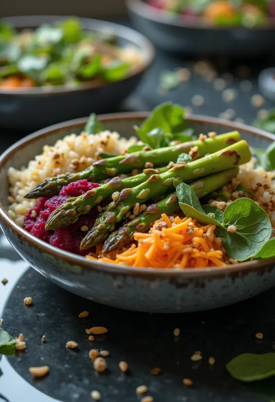 Buddha Bowl de espárragos a la parrilla servido