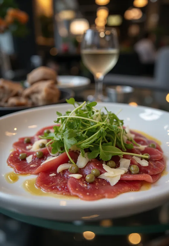 Carpaccio de carne de caballo servido con rúcula, parmesano y alcaparras.