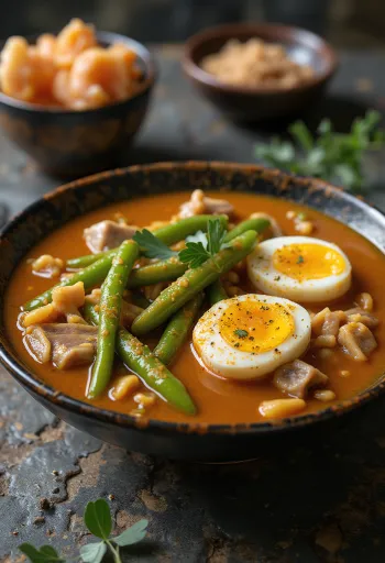 Kare-Kare de cerdo, en rica salsa de cacahuate, servido con verduras frescas