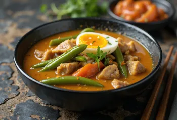 Kare-Kare de cerdo, en rica salsa de cacahuate, servido con verduras frescas