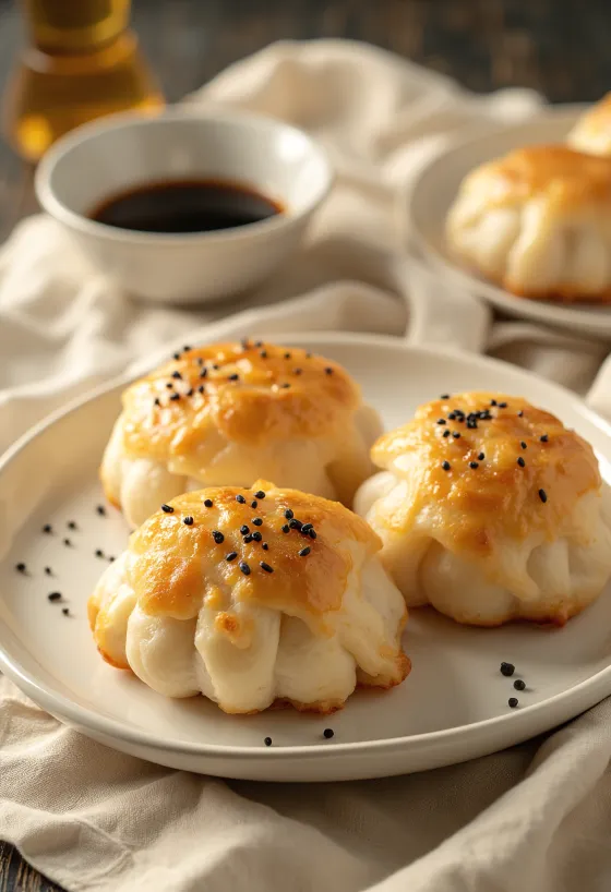 Baozi frito chino con base crujiente, servido en plato