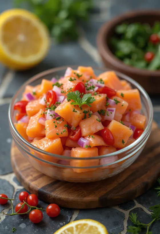 Lomi salmon con jugo de limón y jitomate fresco