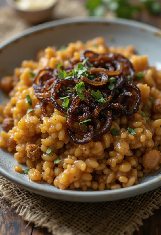 Mujaddara con aceite de oliva especiado servida fresca