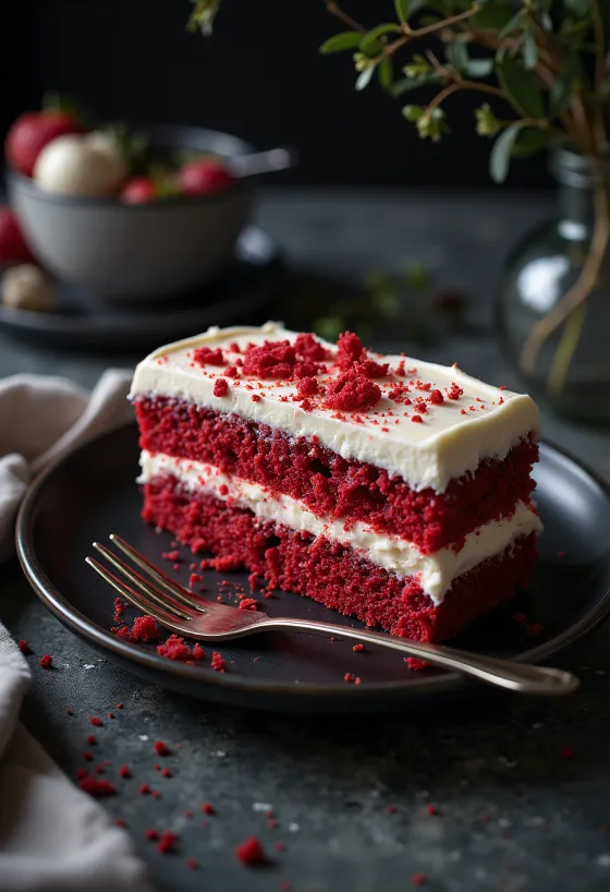 Pastel Red Velvet vegano con frutas frescas