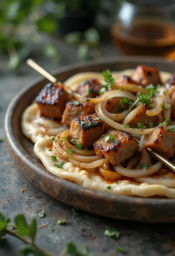 Brochetas de Shashlik servidas con verduras asadas