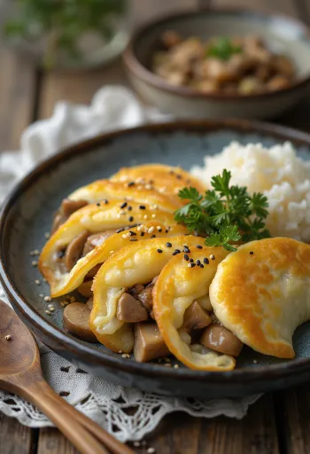 Tamagoyaki con champiñones, rebanadas de omelet con champiñones frescos servidas