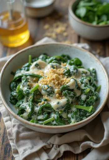Cremosas espinacas a la crema recién cocinadas, servidas en plato blanco.