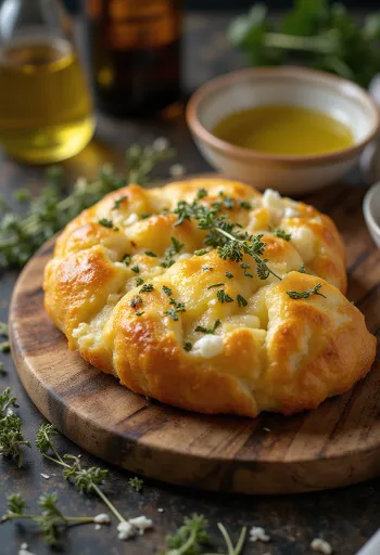 Tiganopsomo con queso feta y graviera, decorado con orégano fresco.