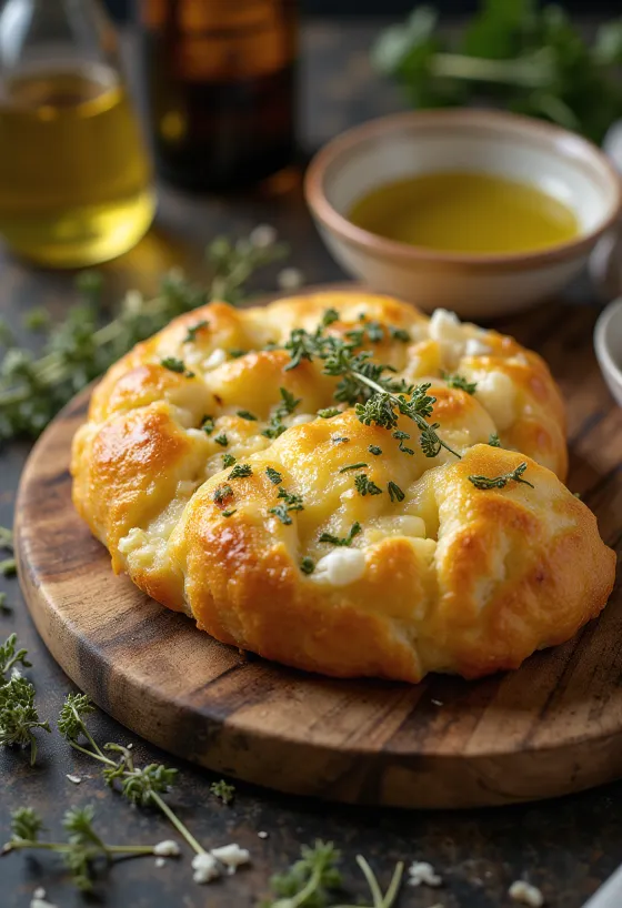 Tiganopsomo con queso feta y graviera, decorado con orégano fresco.