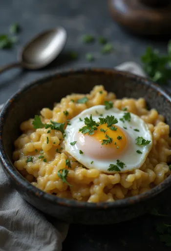 Açorda con huevo pochado, decorado con cilantro fresco, rociado con jugo de limón