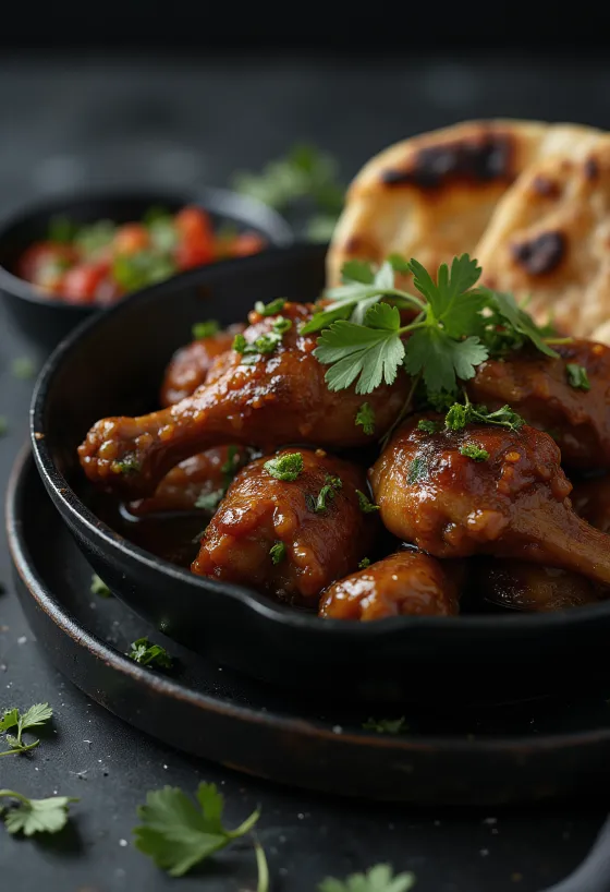 Pollo Adobo servido con pan naan, en una salsa rica y especiada