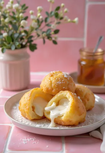 Æbleskiver relleno de ricotta, dorado, servido con azúcar glass
