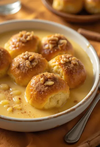 Pan de Nuez Húngaro (Aranygaluska) con salsa de vainilla servido