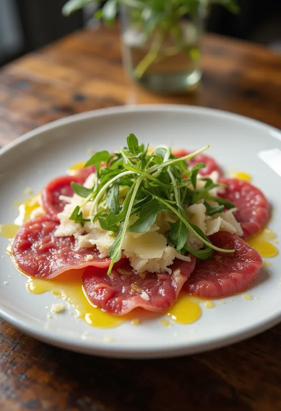 Carpaccio de res servido con arúgula y parmesano