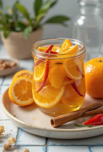 Naranjas encurtidas picantes servidas en frasco