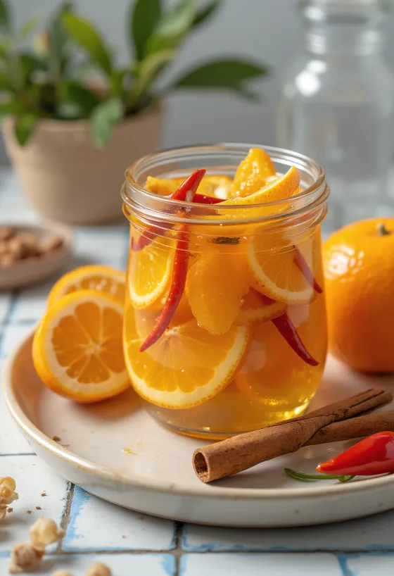 Naranjas encurtidas picantes servidas en frasco