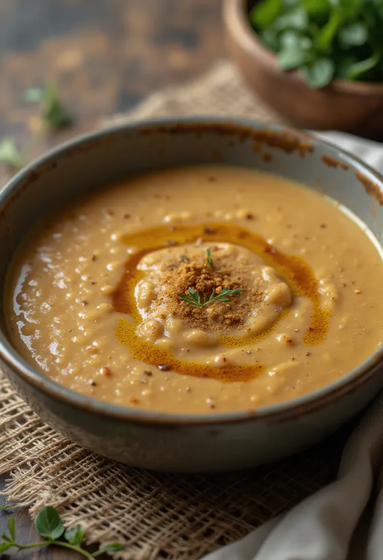 Crema de lentejas especiada servida