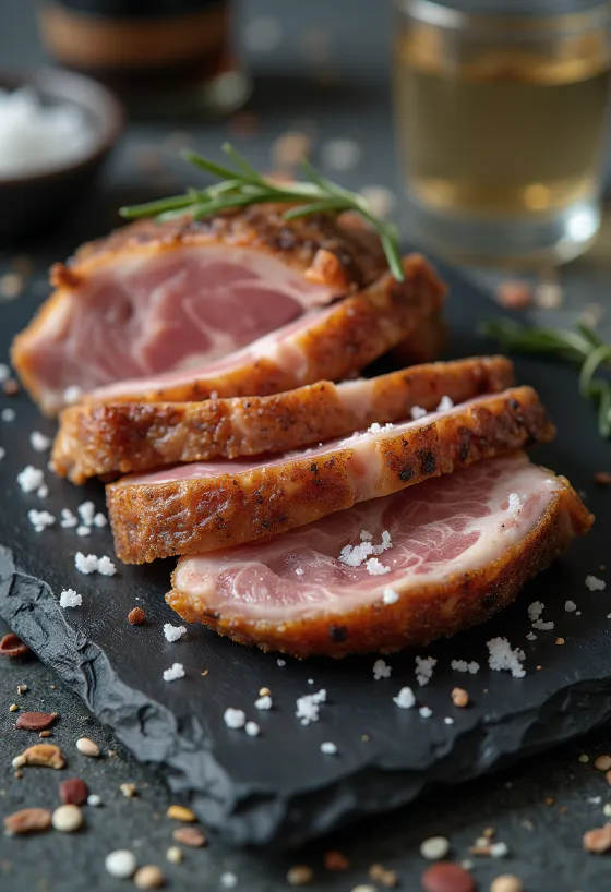 Secreto de cerdo ibérico servido con gajos de limón y verduras a la parrilla.