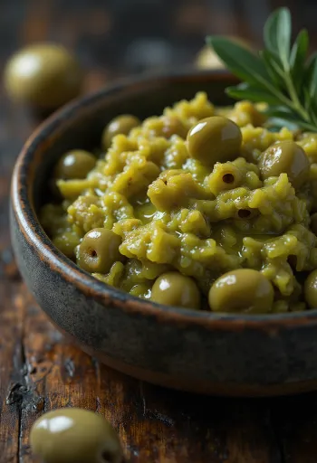 Salsa de aceitunas verdes servida con pita fresca